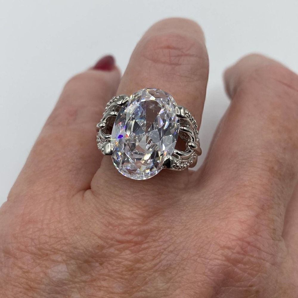 Large Cz Brass Rhodium Cocktail Ring Size 7,8,9